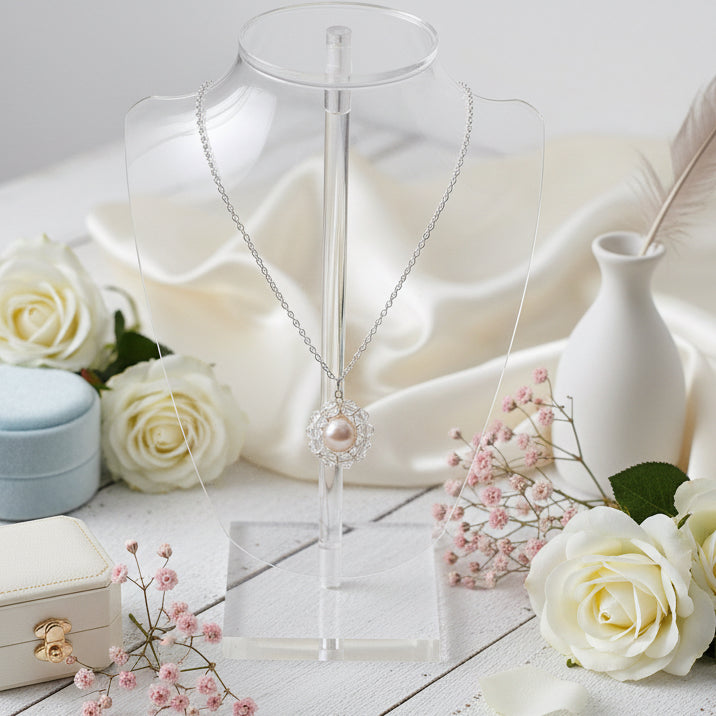 925 Sterling Silver Necklace with White Crystal - Pink Freshwater Pearl Pendant