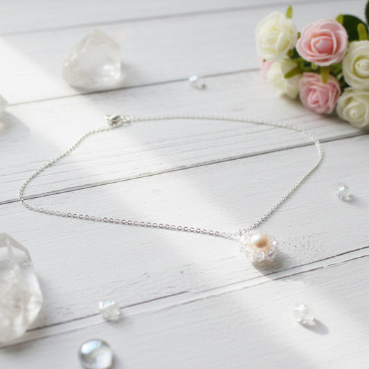 925 Sterling Silver Necklace with White Crystal - Pink Freshwater Pearl Pendant