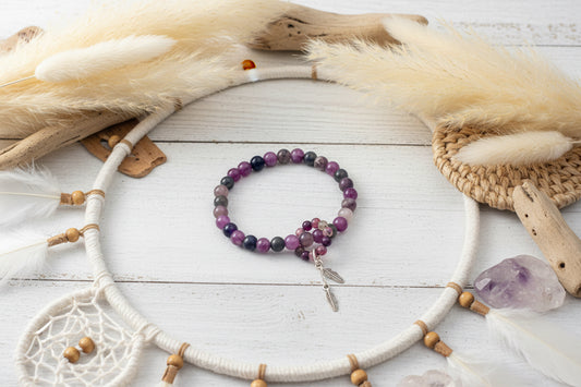 Multicolor Tourmaline Bracelet with Silver Plated Feather Charm