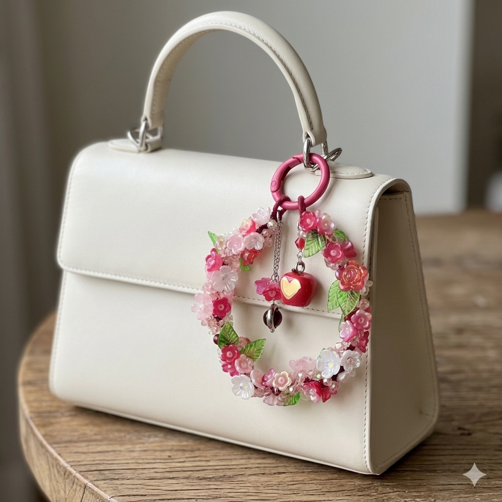 Handmade Floral Beaded Keychain Charm – Pink Flower Wreath with Apple Pendant, Cute Bag Charm, Car Hanging Decor