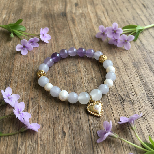 Amethyst Pearl Bracelet | Gold Heart Charm Bracelet | Romantic Crystal Jewelry | Gift for Her