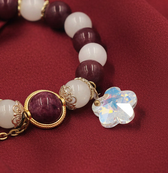 Brown Agate & Rose Quartz Bracelet – Gold Heart Charm with Crystal Flower Accent