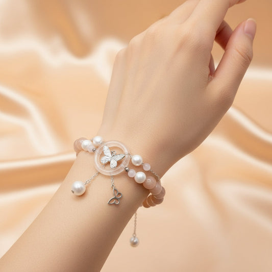 Sunstone, Moonstone & Freshwater Pearl Bracelet – 8mm Gemstone Bracelet with Silver Butterfly Charm