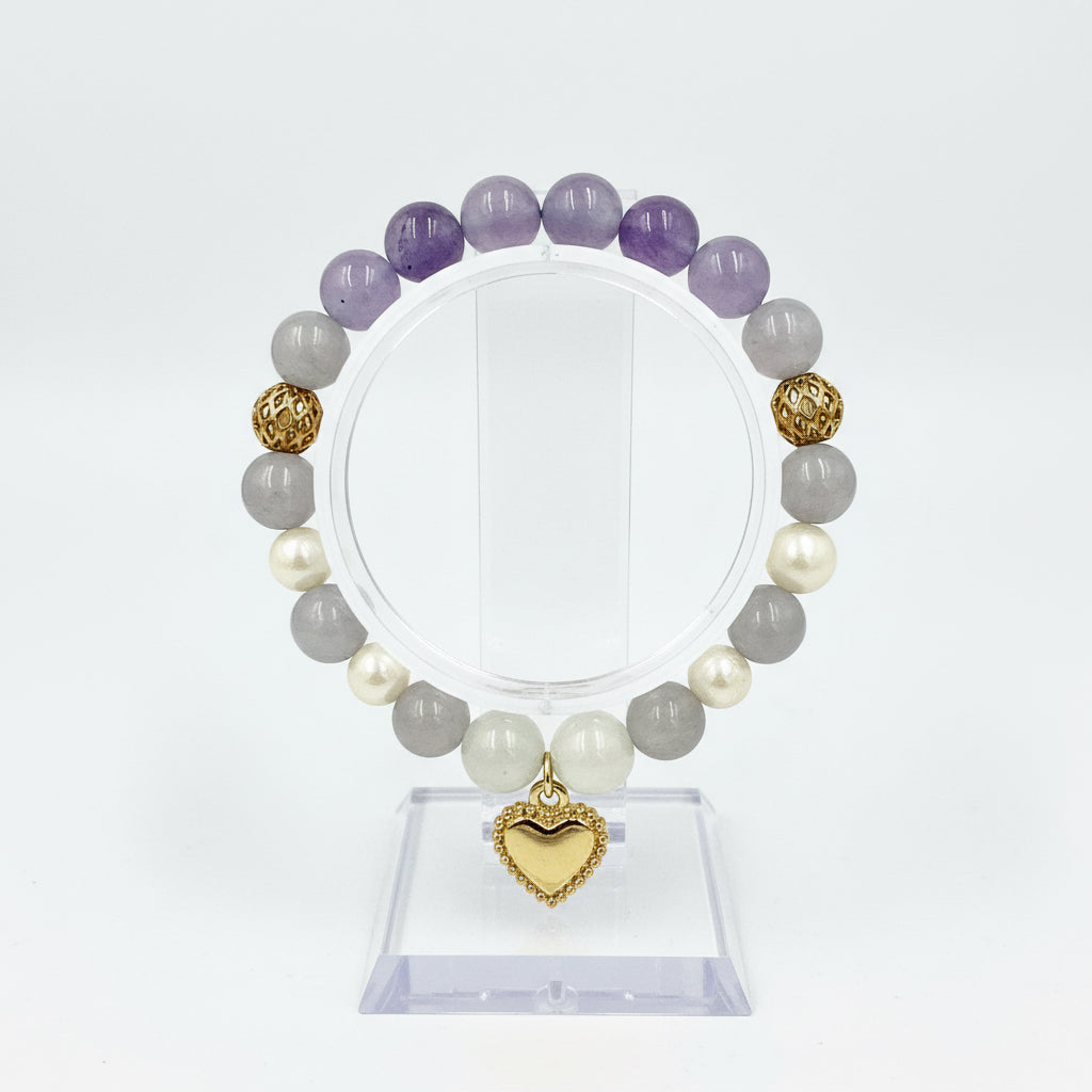 Amethyst Pearl Bracelet | Gold Heart Charm Bracelet | Romantic Crystal Jewelry | Gift for Her