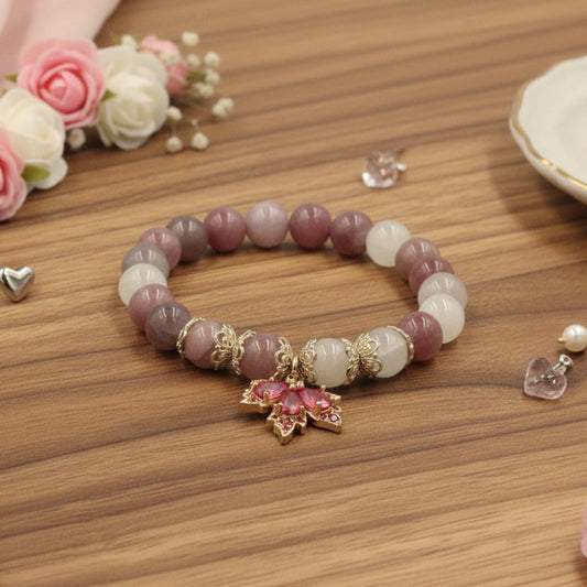 Sunstone and Peach Moonstone Bracelet – Red Zircon Maple Leaf Charm