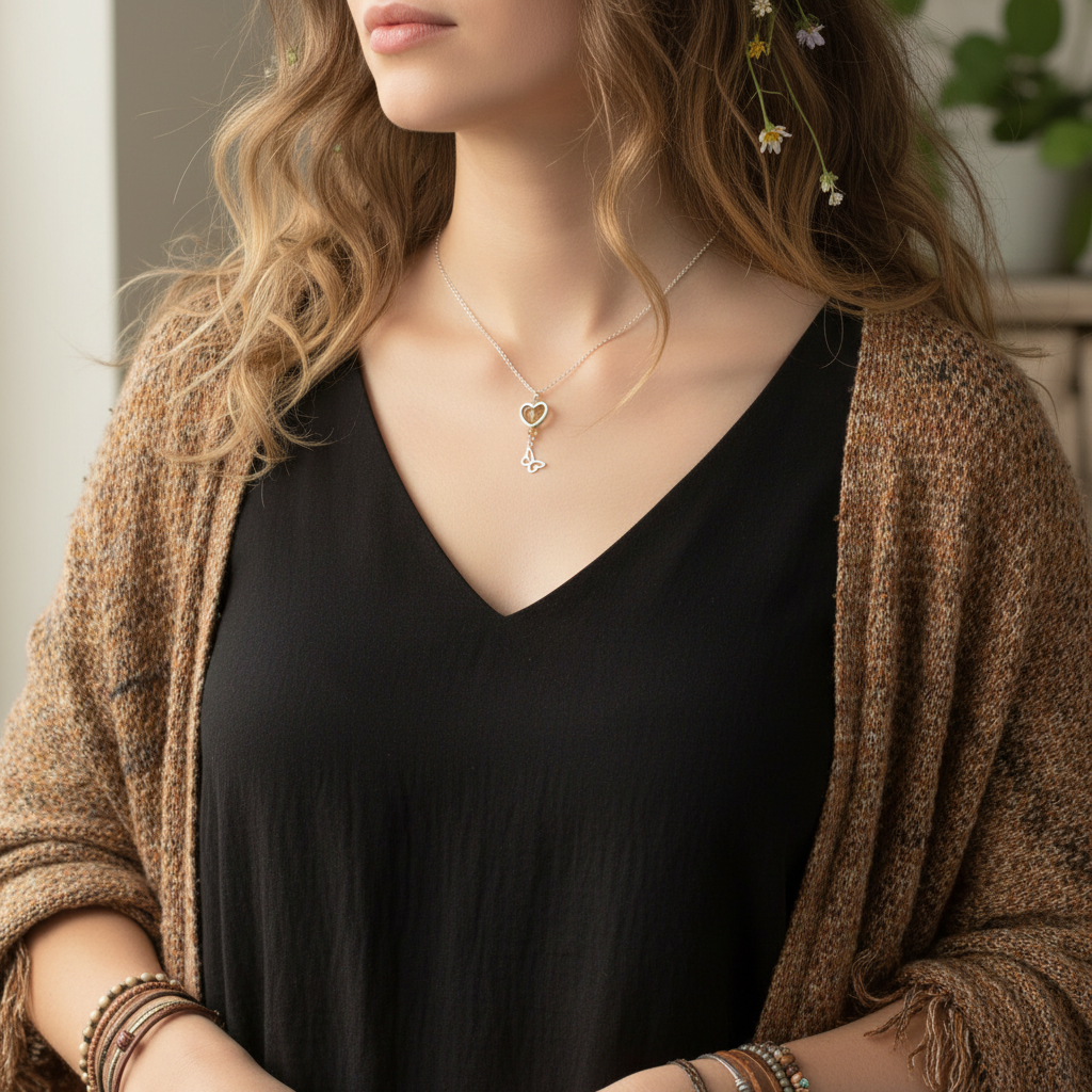 925 Sterling Silver Heart Necklace with Golden Rutilated Quartz