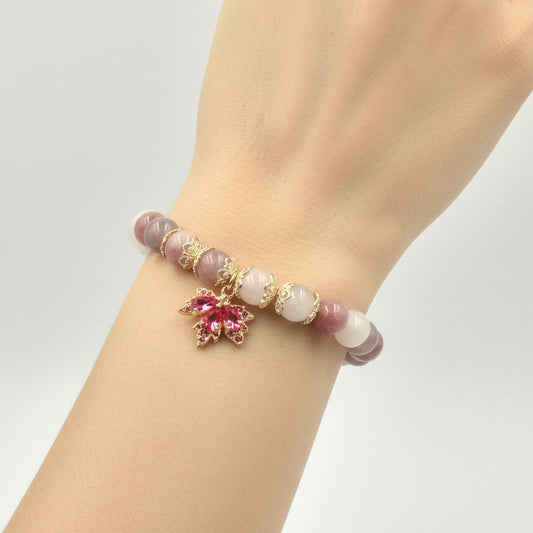 Sunstone and Peach Moonstone Bracelet – Red Zircon Maple Leaf Charm