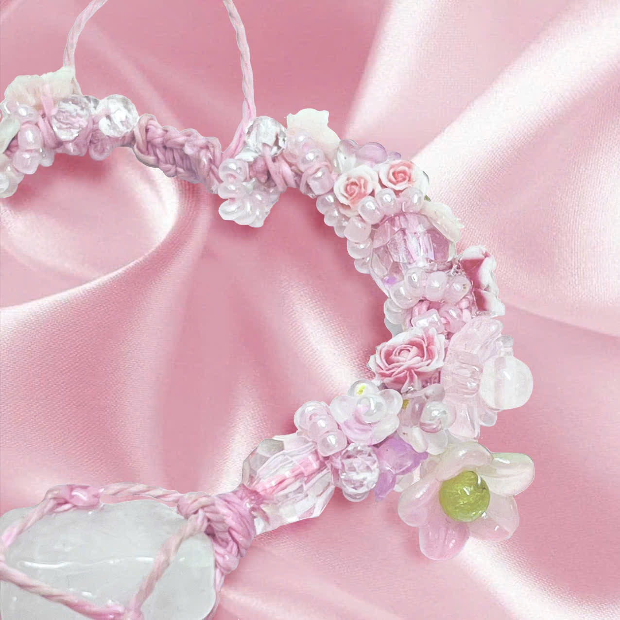 Raw Rose Quartz and Flower Macrame Bracelet