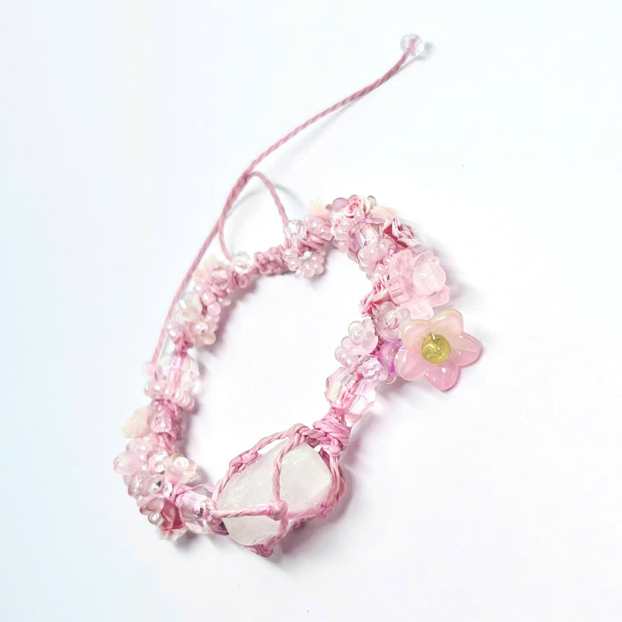 Raw Rose Quartz and Flower Macrame Bracelet