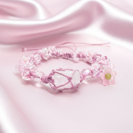Raw Rose Quartz and Flower Macrame Bracelet