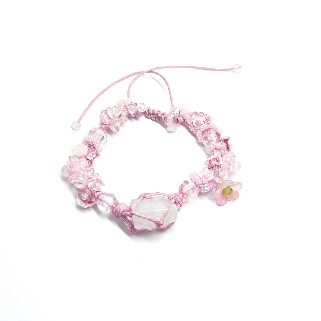Raw Rose Quartz and Flower Macrame Bracelet