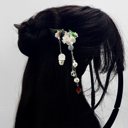 Handcrafted Rosewood Hairpin with Agate, Quartz & Pearls | Black Wooden Hair Stick | Vintage Floral Tassel Hair Accessory