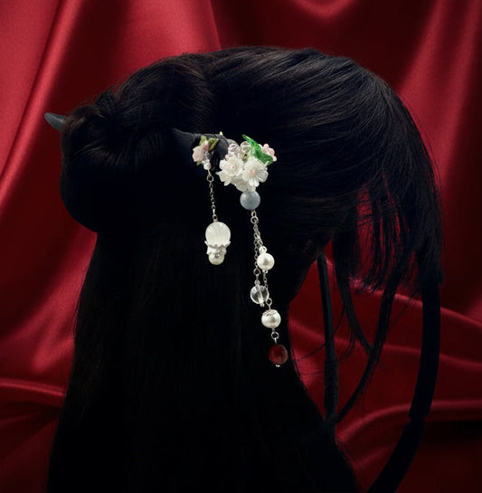 Handcrafted Rosewood Hairpin with Agate, Quartz & Pearls