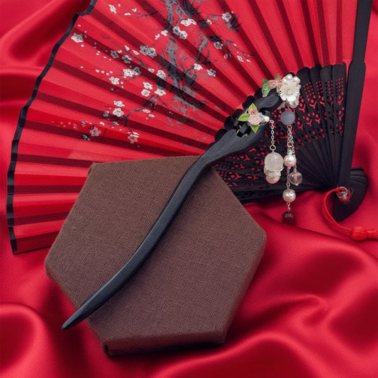 Handcrafted Rosewood Hairpin with Agate, Quartz & Pearls