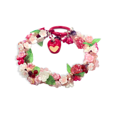 Handmade Floral Beaded Keychain Charm – Pink Flower Wreath with Apple Pendant, Cute Bag Charm, Car Hanging Decor