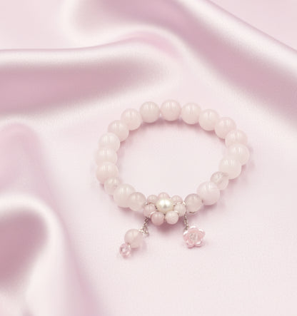 Rose Quartz & Freshwater Pearl Bracelet – Silver 925 Floral Charm Design (Wrist size 14–18cm | 5.5–7 inch)