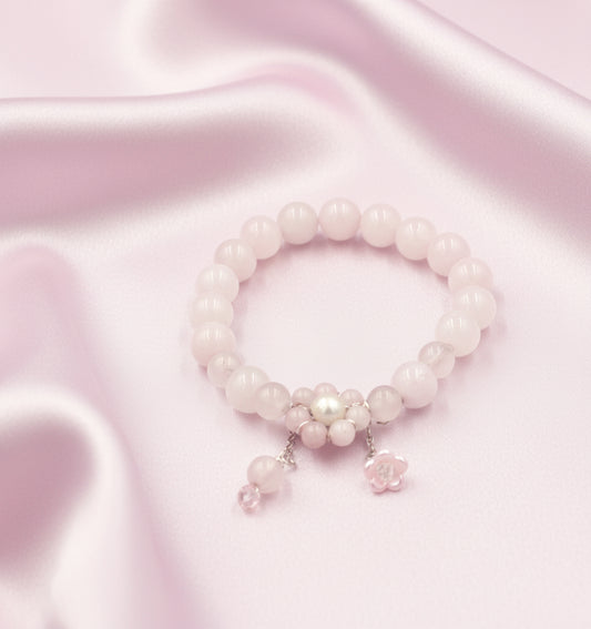 Rose Quartz & Freshwater Pearl Bracelet – Silver 925 Floral Charm Design (Wrist size 14–18cm | 5.5–7 inch)