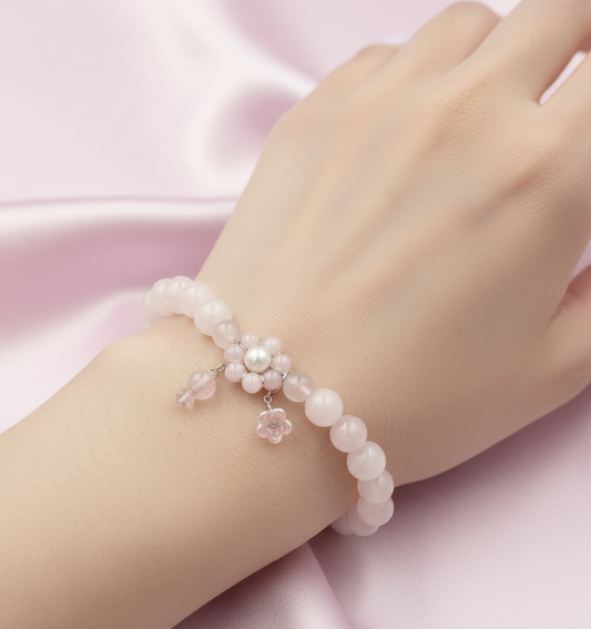 Rose Quartz & Freshwater Pearl Bracelet – Silver 925 Floral Charm Design (Wrist size 14–18cm | 5.5–7 inch)