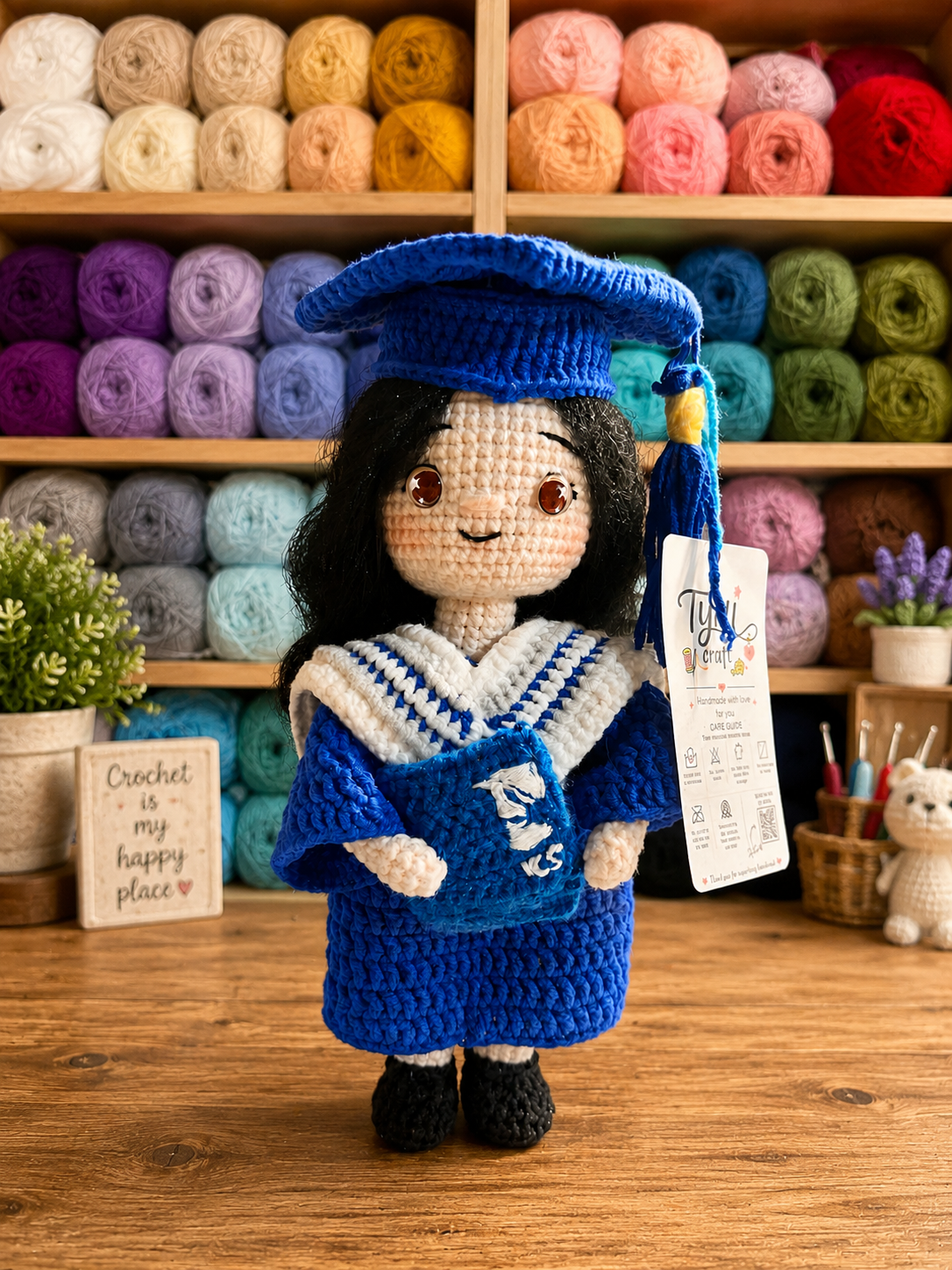 Custom Crochet Graduation Doll with Wooden Base