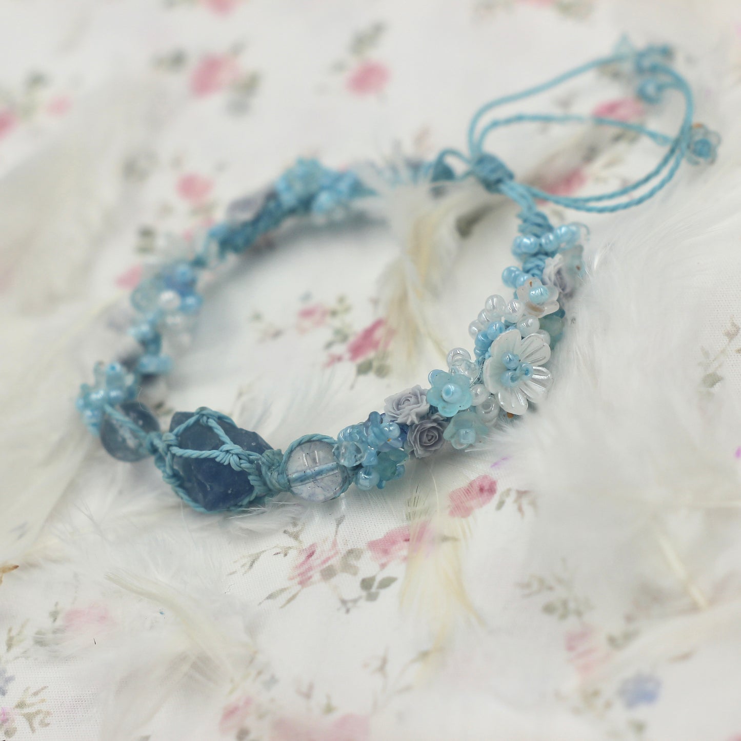 Raw Blue Fluorite and Flower Marcame Bracelet