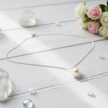 925 Sterling Silver Necklace with White Crystal - Pink Freshwater Pearl Pendant