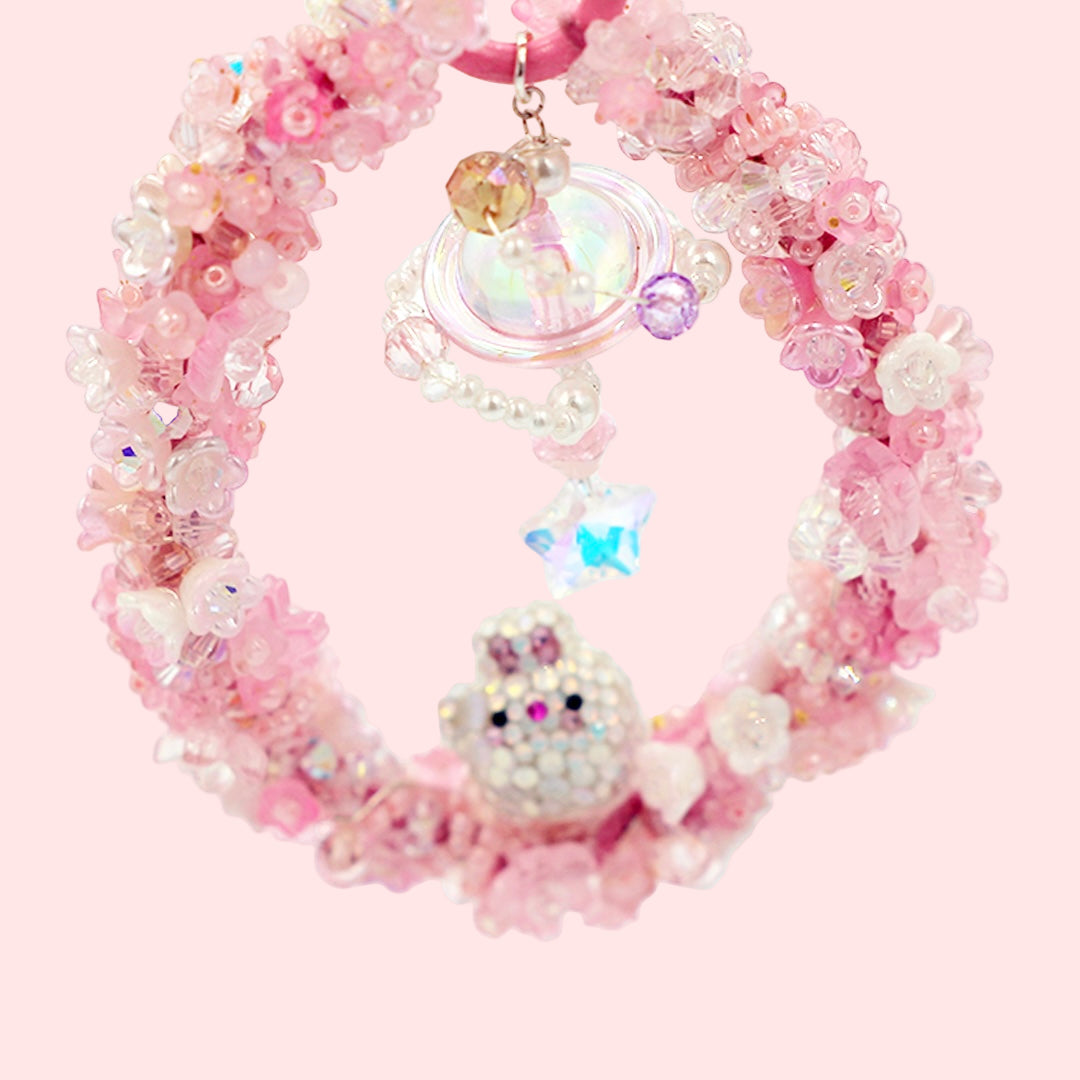 Handmade Pink Beaded Keychain – Cute Bunny Charm, Kawaii Galaxy Accessory, Pastel Crystal Keyring