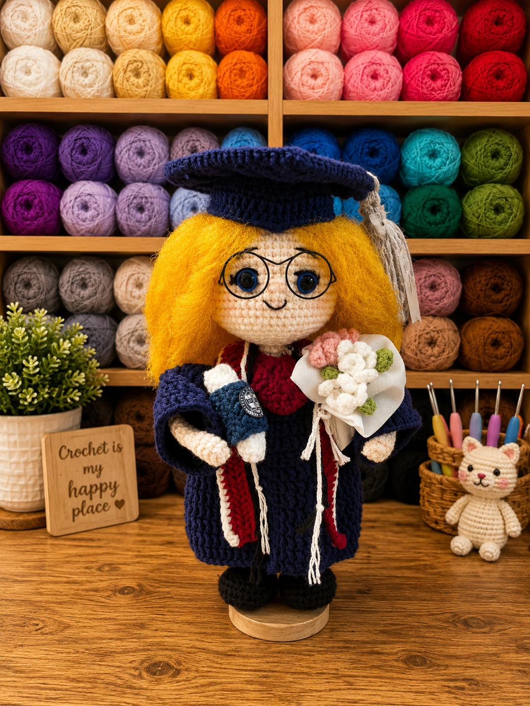 Custom Crochet Graduation Doll with Wooden Base