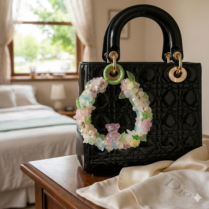 Handmade Beaded Floral Wreath Charm with Teddy Bear