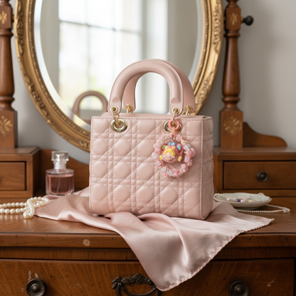 Cute Pink Doll Head Keychain – Beaded Floral Charm with Mini Guitar for Phone, Bag, or Purse