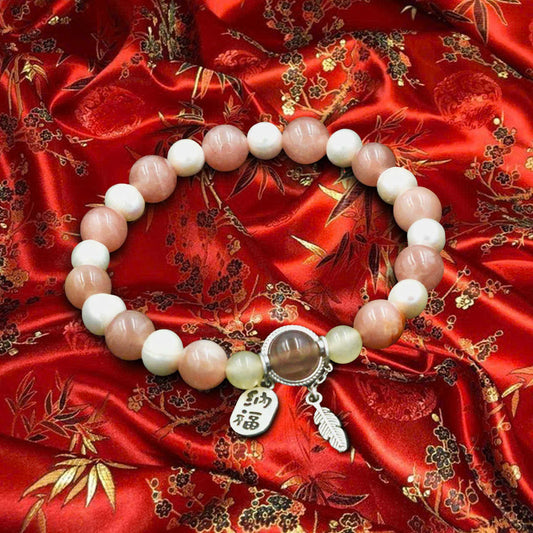 Sunstone and Peach Moonstone Bracelet with Freshwater Pearls