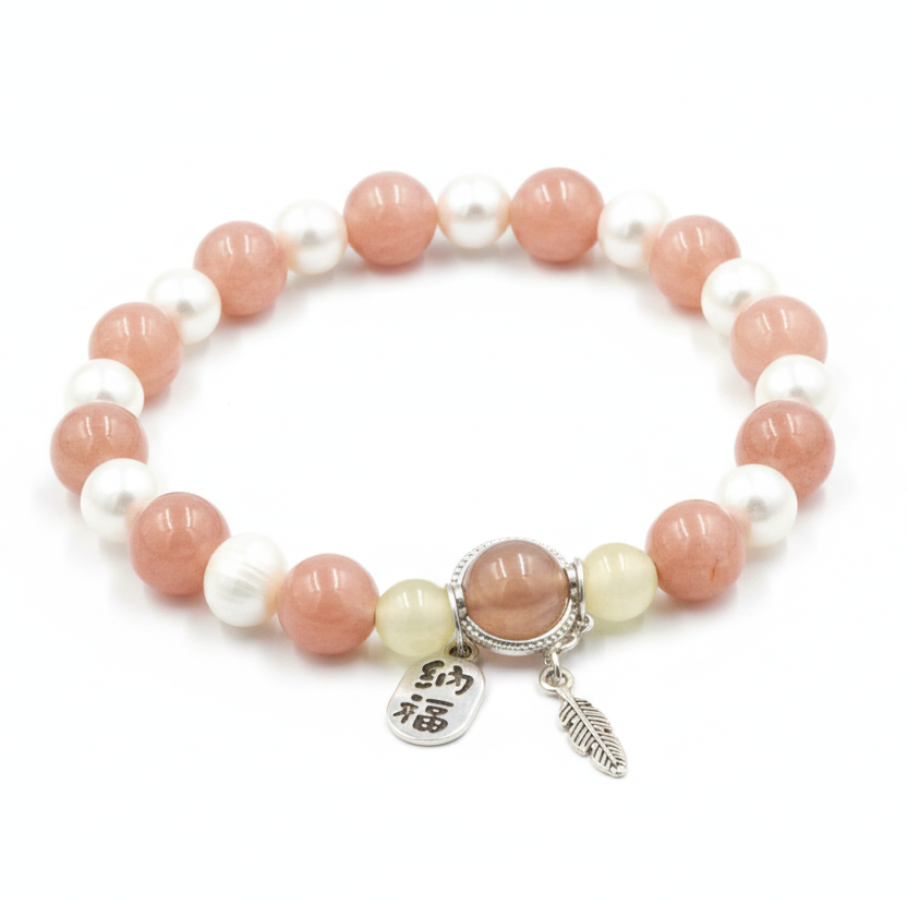 Sunstone and Peach Moonstone Bracelet with Freshwater Pearls