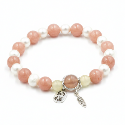 Sunstone and Peach Moonstone Bracelet with Freshwater Pearls