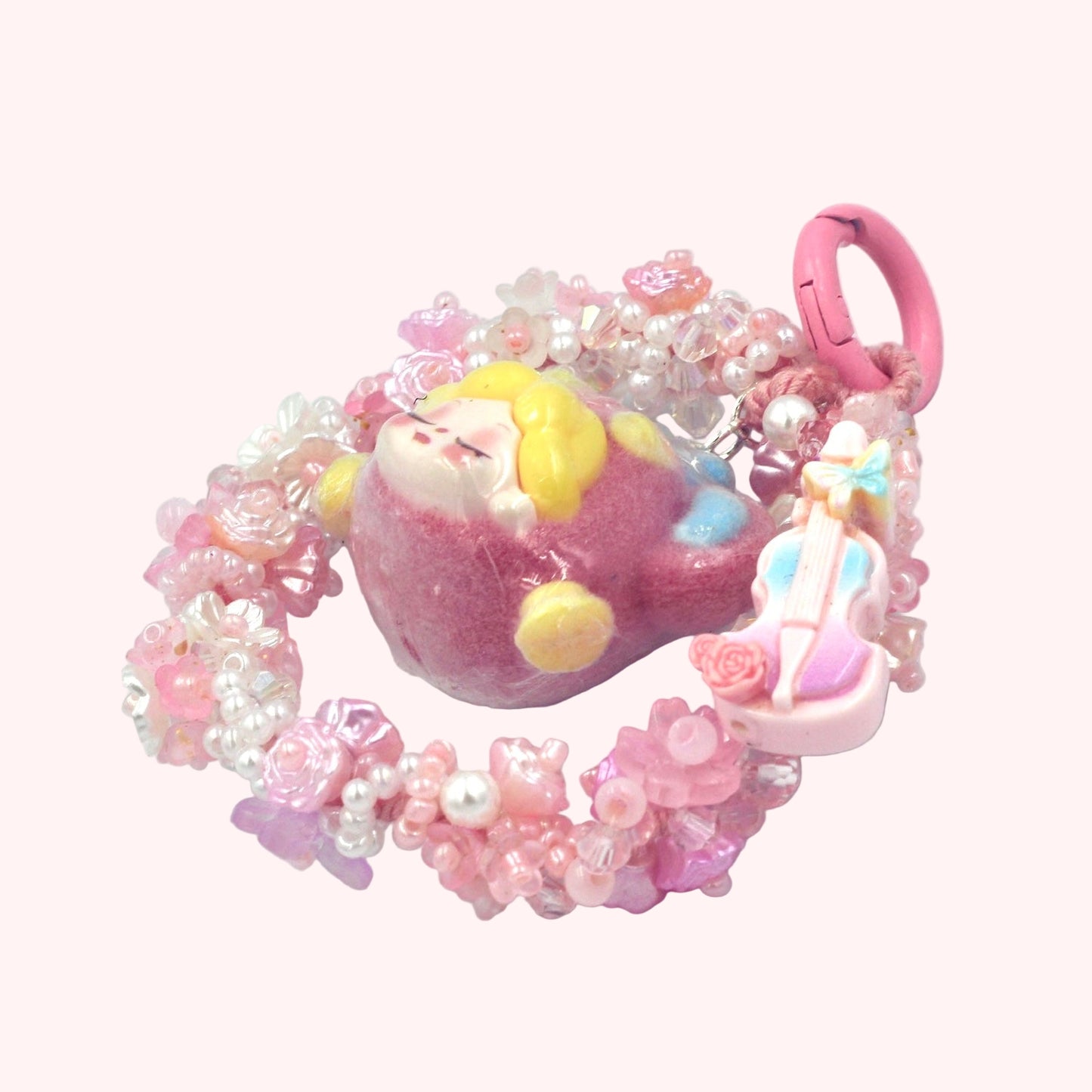 Cute Pink Doll Head Keychain – Beaded Floral Charm with Mini Guitar for Phone, Bag, or Purse