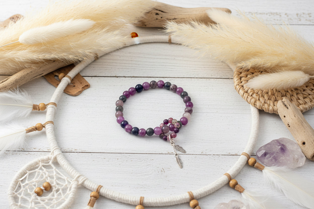 Multicolor Tourmaline Bracelet with Silver Plated Feather Charm