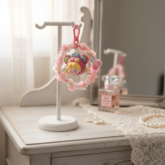 Cute Pink Doll Head Keychain – Beaded Floral Charm with Mini Guitar for Phone, Bag, or Purse