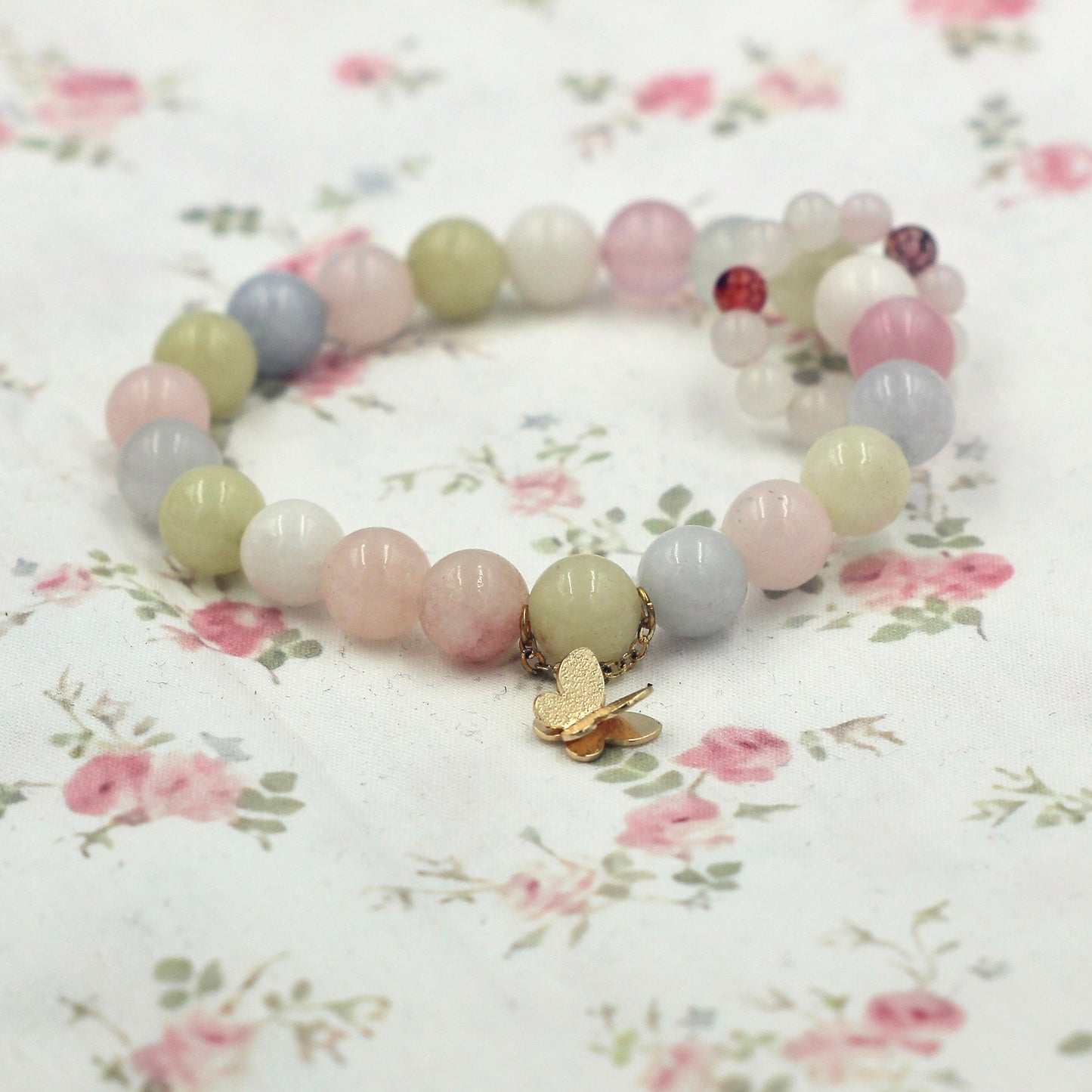 Morganite Bracele – Multi Color Gemstone Bracelet with Gold Butterfly Charm