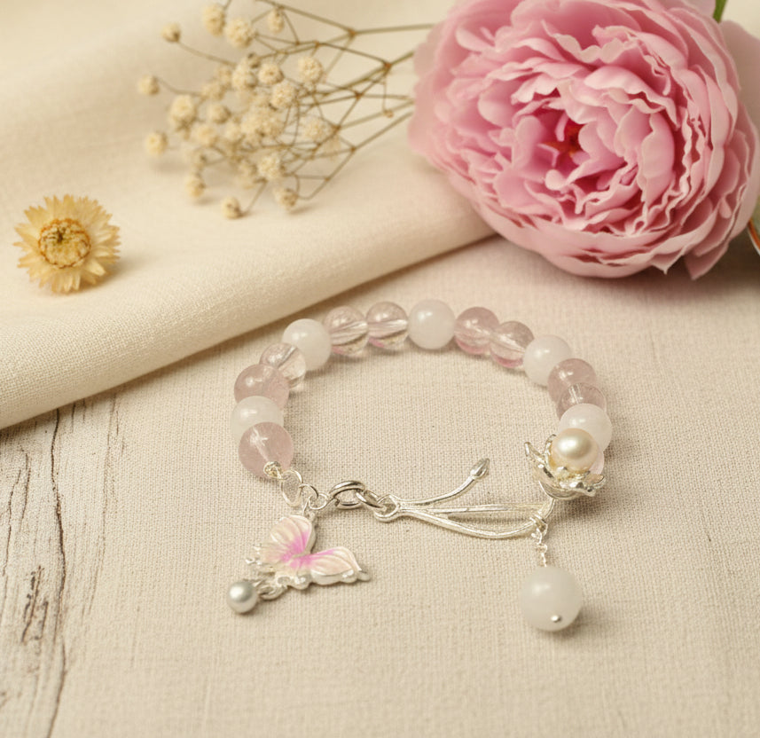 Pink Crystal Bracelet with Lotus Pearl Charm