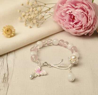 Pink Crystal Bracelet with Lotus Pearl Charm