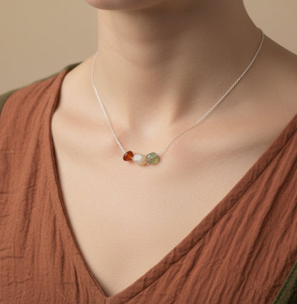 Minimalist 925 Silver Necklace with Raw Agate Stones – Natural Multi-Color Gemstone Pendant