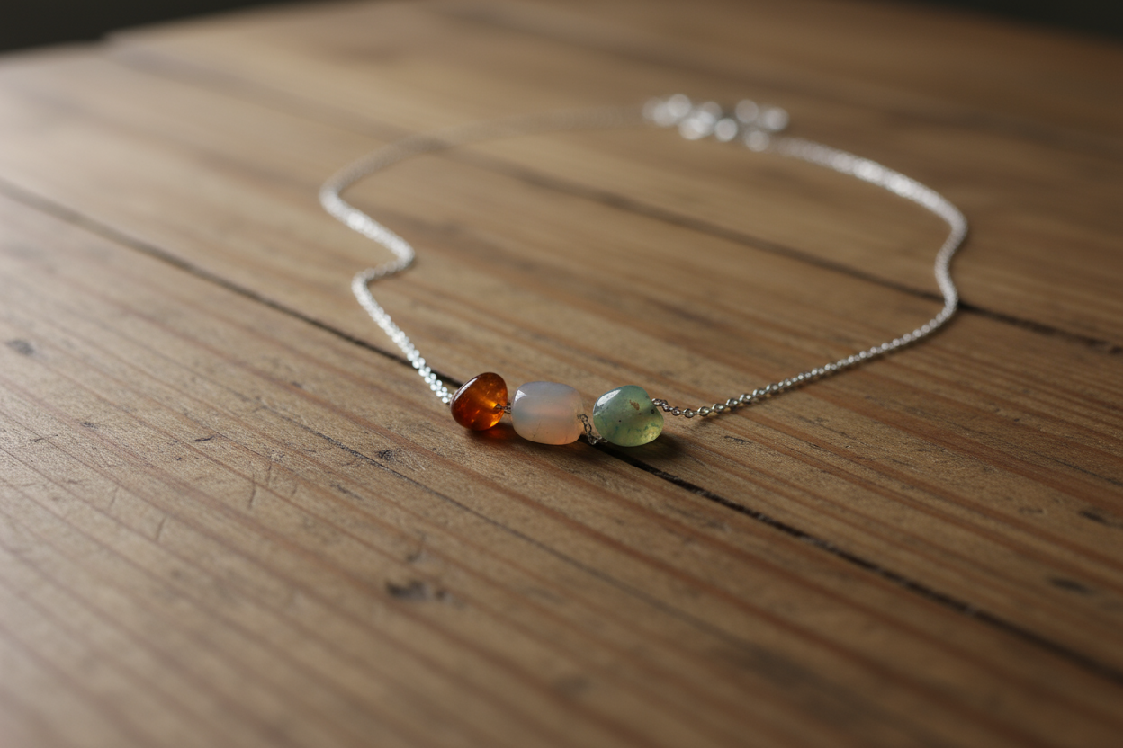 Minimalist 925 Silver Necklace with Raw Agate Stones – Natural Multi-Color Gemstone Pendant