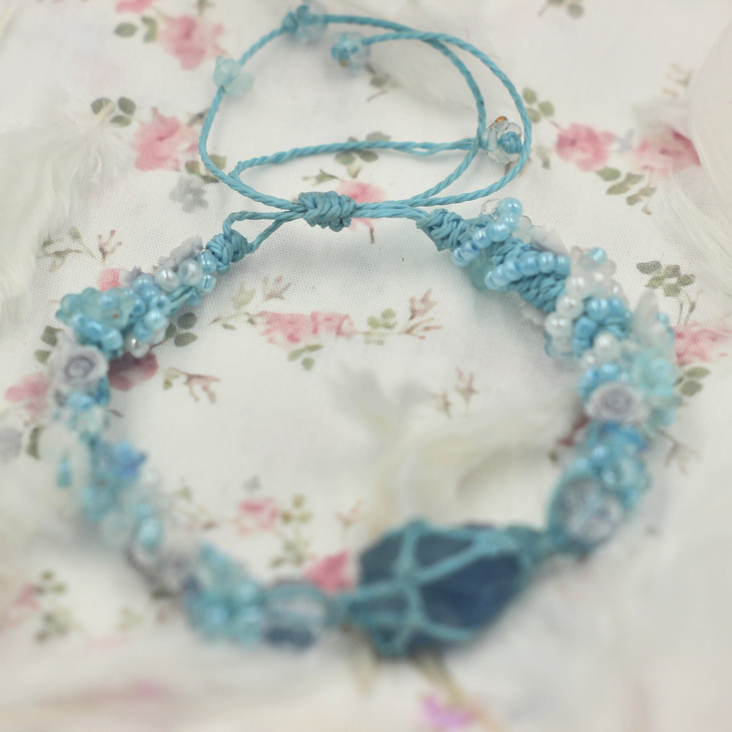 Raw Blue Fluorite and Flower Marcame Bracelet