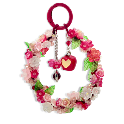 Handmade Floral Beaded Keychain Charm – Pink Flower Wreath with Apple Pendant, Cute Bag Charm, Car Hanging Decor