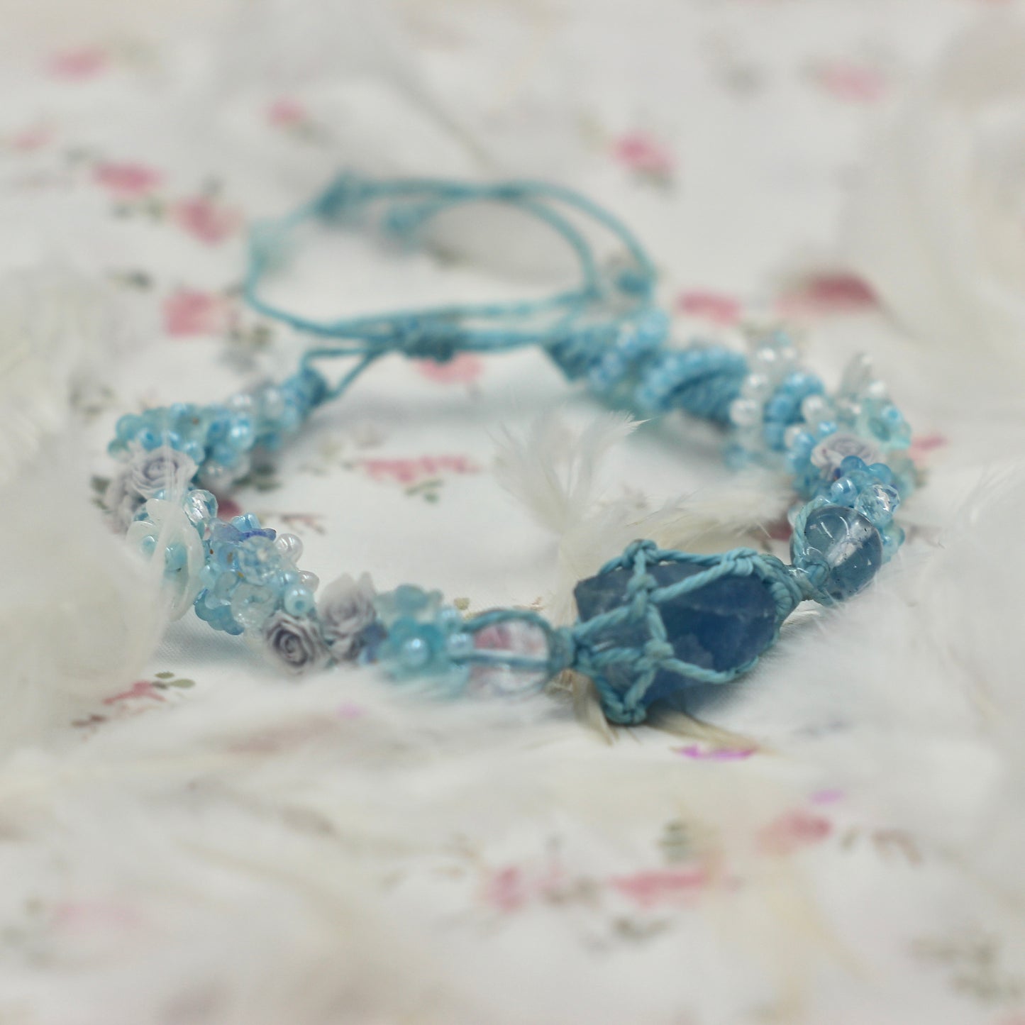 Raw Blue Fluorite and Flower Marcame Bracelet