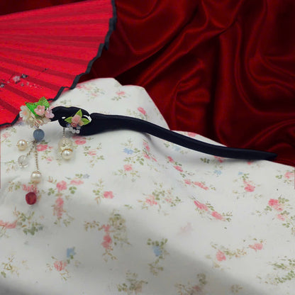 Handcrafted Rosewood Hairpin with Agate, Quartz & Pearls