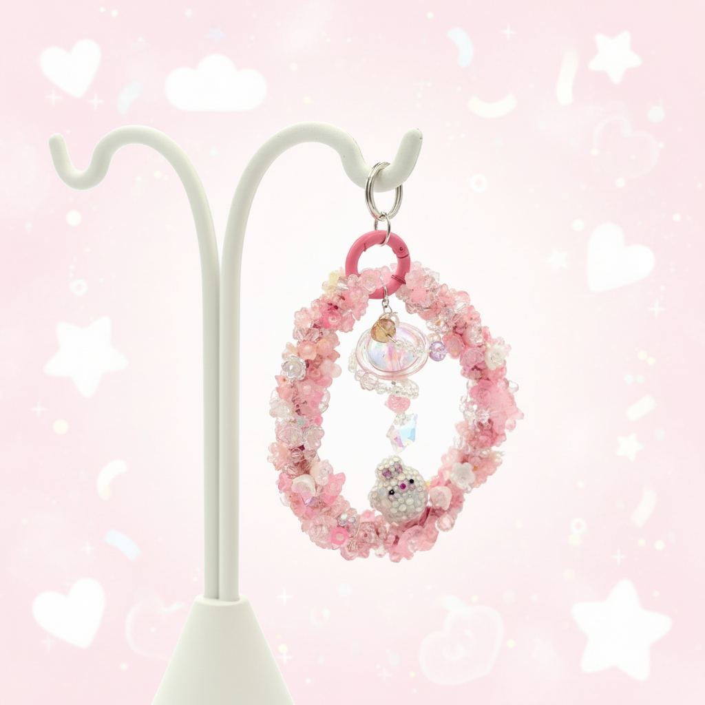 Handmade Pink Beaded Keychain – Cute Bunny Charm, Kawaii Galaxy Accessory, Pastel Crystal Keyring