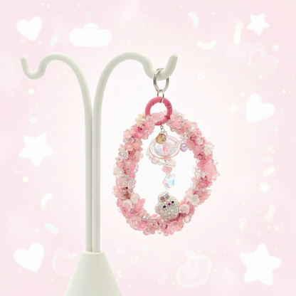 Handmade Pink Beaded Keychain – Cute Bunny Charm, Kawaii Galaxy Accessory, Pastel Crystal Keyring
