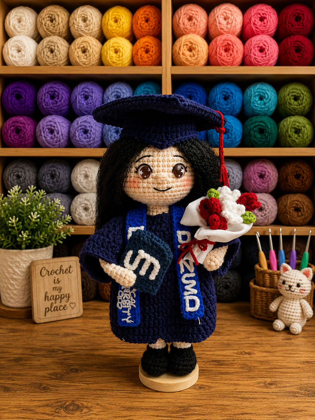 Custom Crochet Graduation Doll with Wooden Base