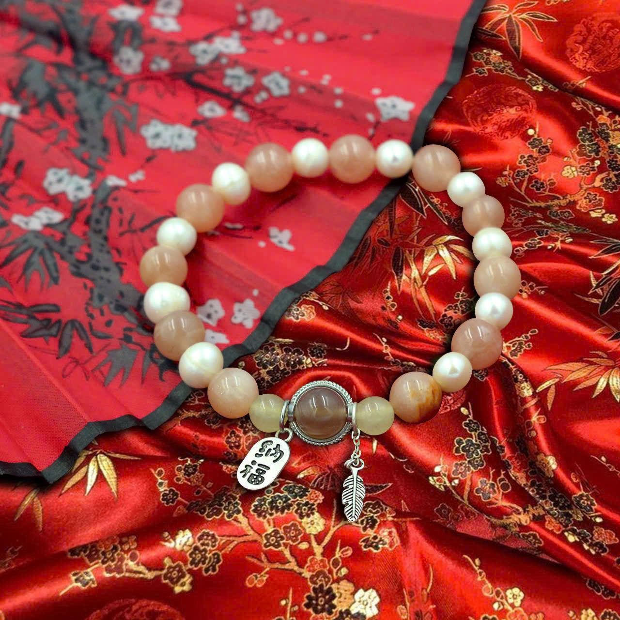 Sunstone and Peach Moonstone Bracelet with Freshwater Pearls