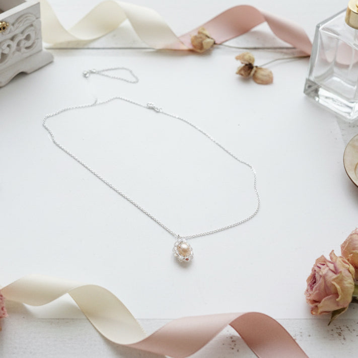 925 Sterling Silver Necklace with White Crystal - Pink Freshwater Pearl Pendant