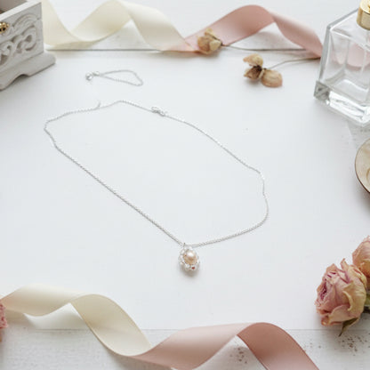 925 Sterling Silver Necklace with White Crystal - Pink Freshwater Pearl Pendant